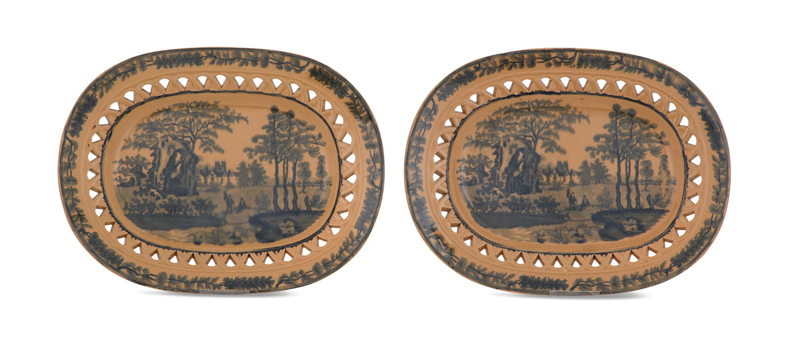 Pair of Davenport Reticulated Calcedony Platters: Pair of Davenport Reticulated Calcedony Platters1793-1810, English, the oval platters with hand-painted en grisaille ruins of a landscape, with pierced rims, pressed with "Davenport" and an