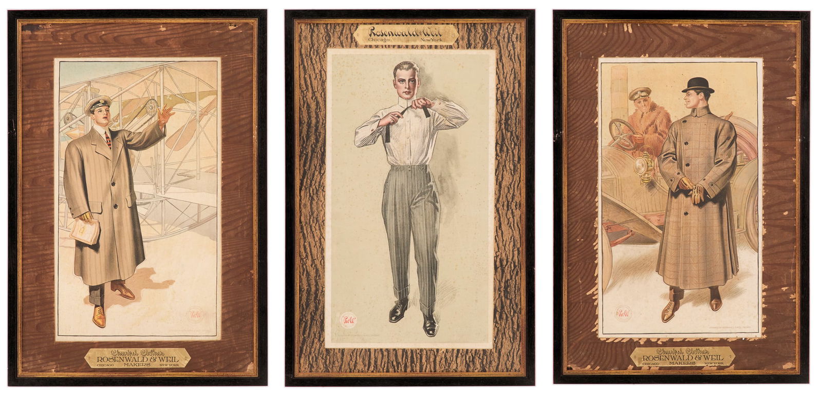 Three Rosenwald & Well Clothing Advertisements: Three Stylish Rosenwald & Well Clothing Advertisementsca. 1862-1932, the men's clothing ads depicting, respectively, a gentleman in an overcoat, standing next to a biplane, a gentleman in an overcoat