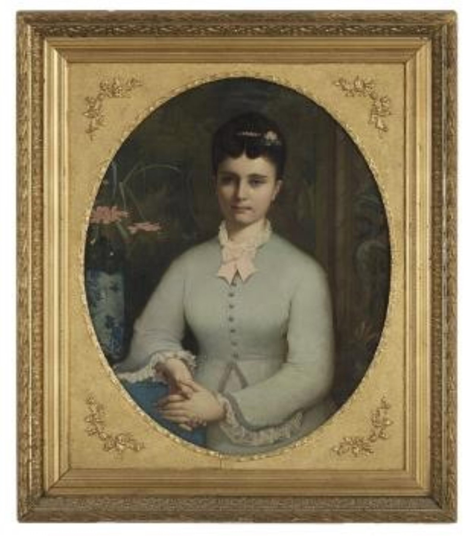 French School (19th Century): † French School 19th Century "Engagement Portrait of a Young Woman" oil on canvas unsigned, sitter is identified as mother of Edith Annabel Wright Hubbs (1873-1954). In an antique oval-ape