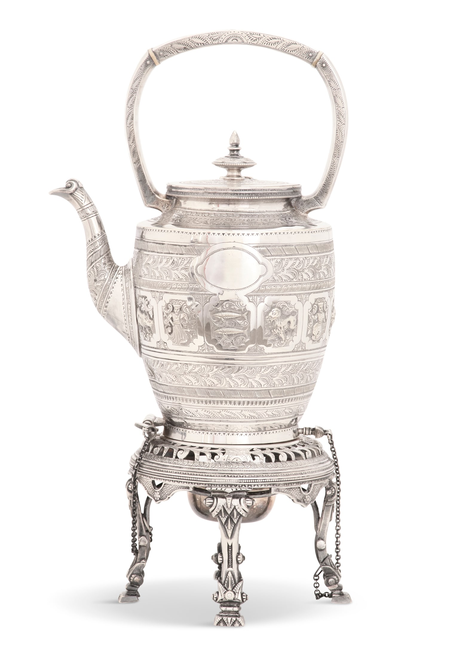 Silverplate Mughal-Style Kettle-on-Stand: Victorian Silverplate Mughal-Style Kettle-on-Stand fourth quarter 19th century, probably Scotland, the barrel-shape body engraved with foliate banding and a central band of cartouches with the signs o