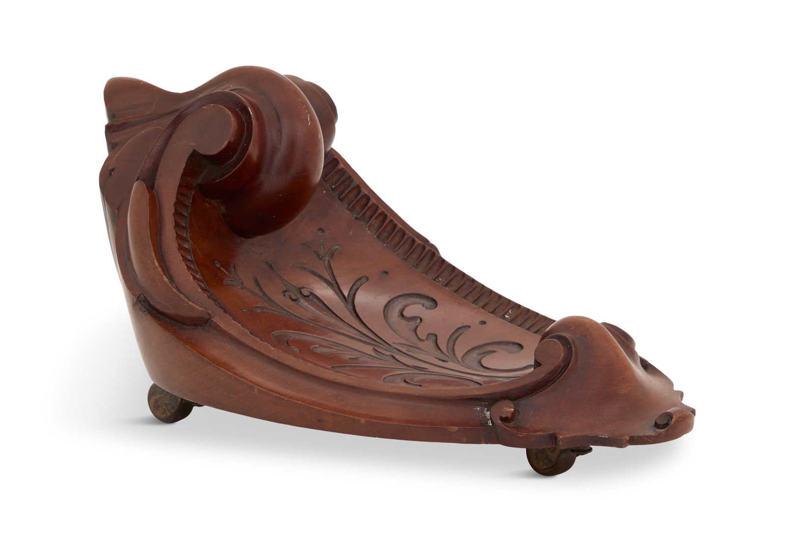 Carved Walnut Cheese Caddy: Carved Walnut Cheese Caddy late 19th century, with a Renaissance Revival crest, now fitted with casters. h. 7-1/2", l. 14"
