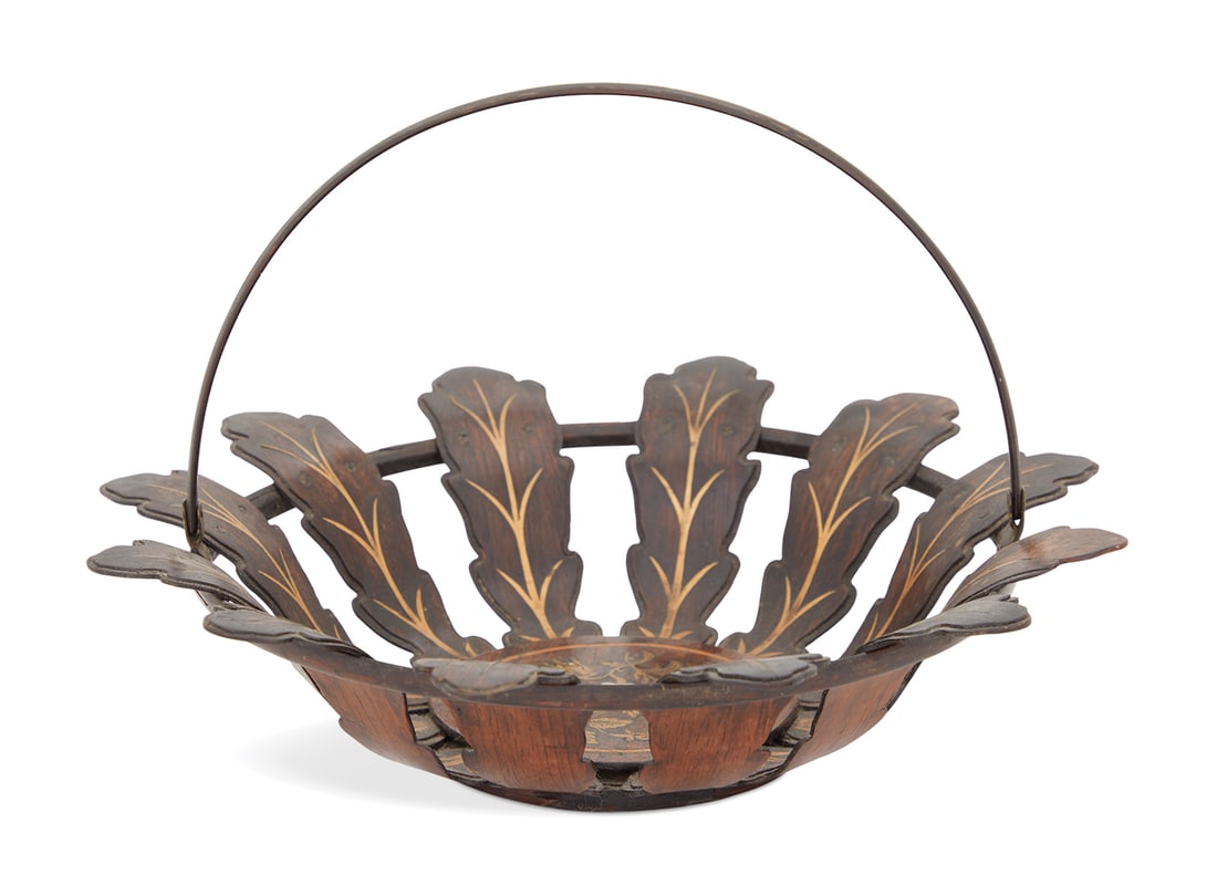 Rosewood, Brass and Bone-Inlaid Bread Basket: William IV Rosewood, Brass and Bone-Inlaid Bread Basket 19th century, English, with a brass-inlaid rosewood handle, the pierced basket formed by rosewood leaves with brass-inlaid veins, the center rou