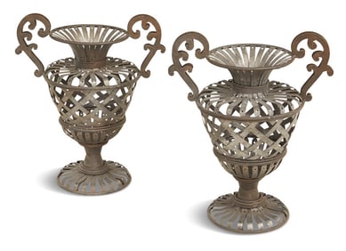 Pair of French Metal Strapwork Two-Handled Urns