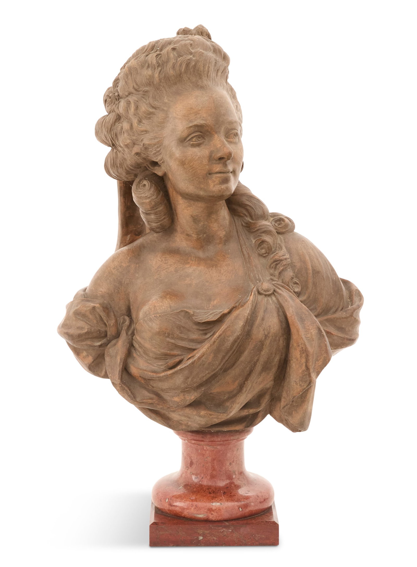 Terracotta and Marble Bust of Marie Antoinette: Terracotta and Marble Bust of Marie Antoinette 19th century, the bronze-finished terracotta bust mounted on a rouge marble socle. h. 28", w. 14", d. 10-1/4" Provenance: Kevin Stone Anti