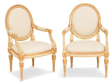 Pair of Louis XVI-Style Parcel-Gilt Fauteuils