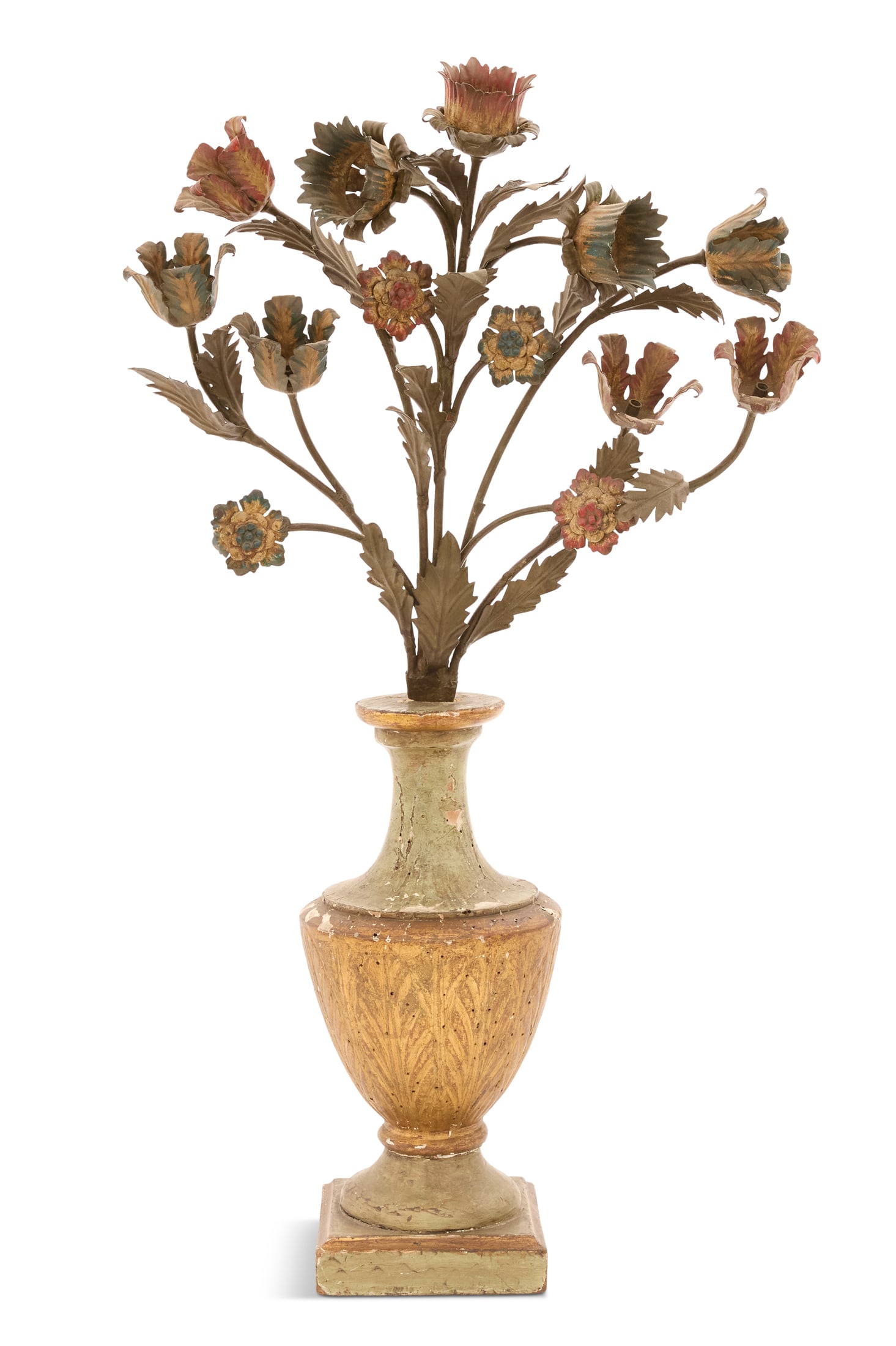 Enameled Metal and Giltwood Urn of Flowers: Enameled Metal and Giltwood Urn of Flowers 19th century and later, the enameled metal bouquet of tulips mounted in a leaf-carved and parcel-gilt urn with painted celadon trim. h. 36", w. 20"