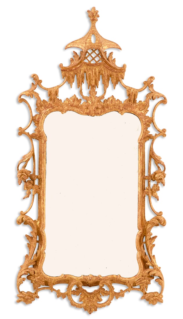 Giltwood Mirror in the Chinese Chippendale Taste: Giltwood Mirror in the Chinese Chippendale Taste 20th century, the pagoda-form crest decorated with pierced latticework and "stalactites", the delicate pierced surround composed of scrollwor