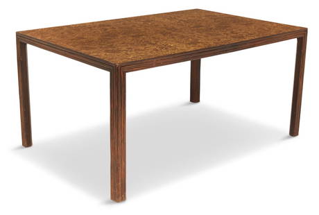 McGuire Parsons-Style Dining Table: McGuire Faux Burlwood and Stained Bamboo Parsons-Style Dining Tablepossibly Aldo Tura for McGuire, the rectangular laminate top opening to accommodate one fifteen-inch leaf, the bamboo reeded apron mi