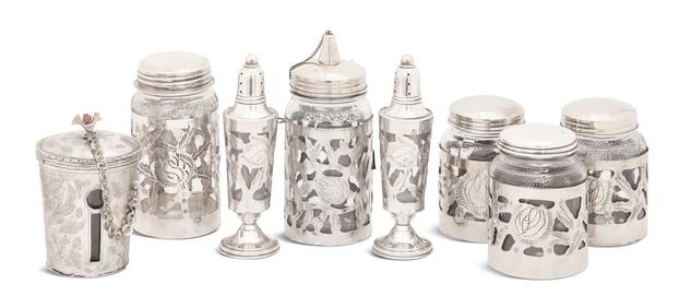 Eight Mexican Silver Clad Glass Pieces