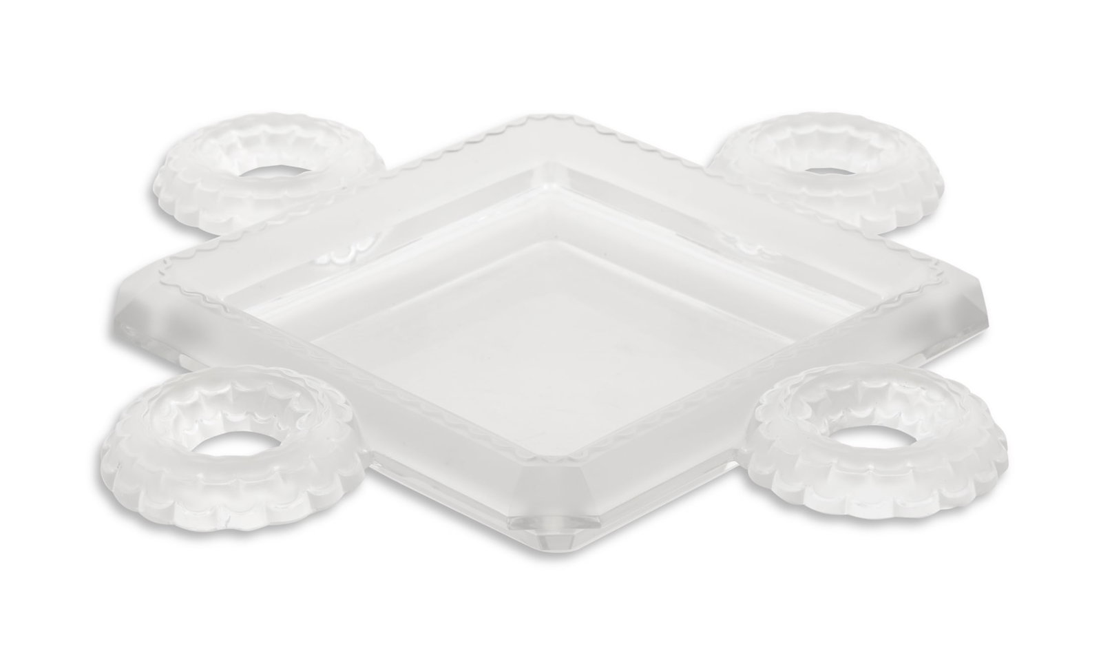 Lalique Crystal "Cluny" Centerpiece: Lalique Molded and Frosted Crystal "Cluny" Centerpiece post-1945, the frosted edges molded with scalloping, each "ring" corner with pierced glass and molded with scalloping, with an engraved "Lalique 