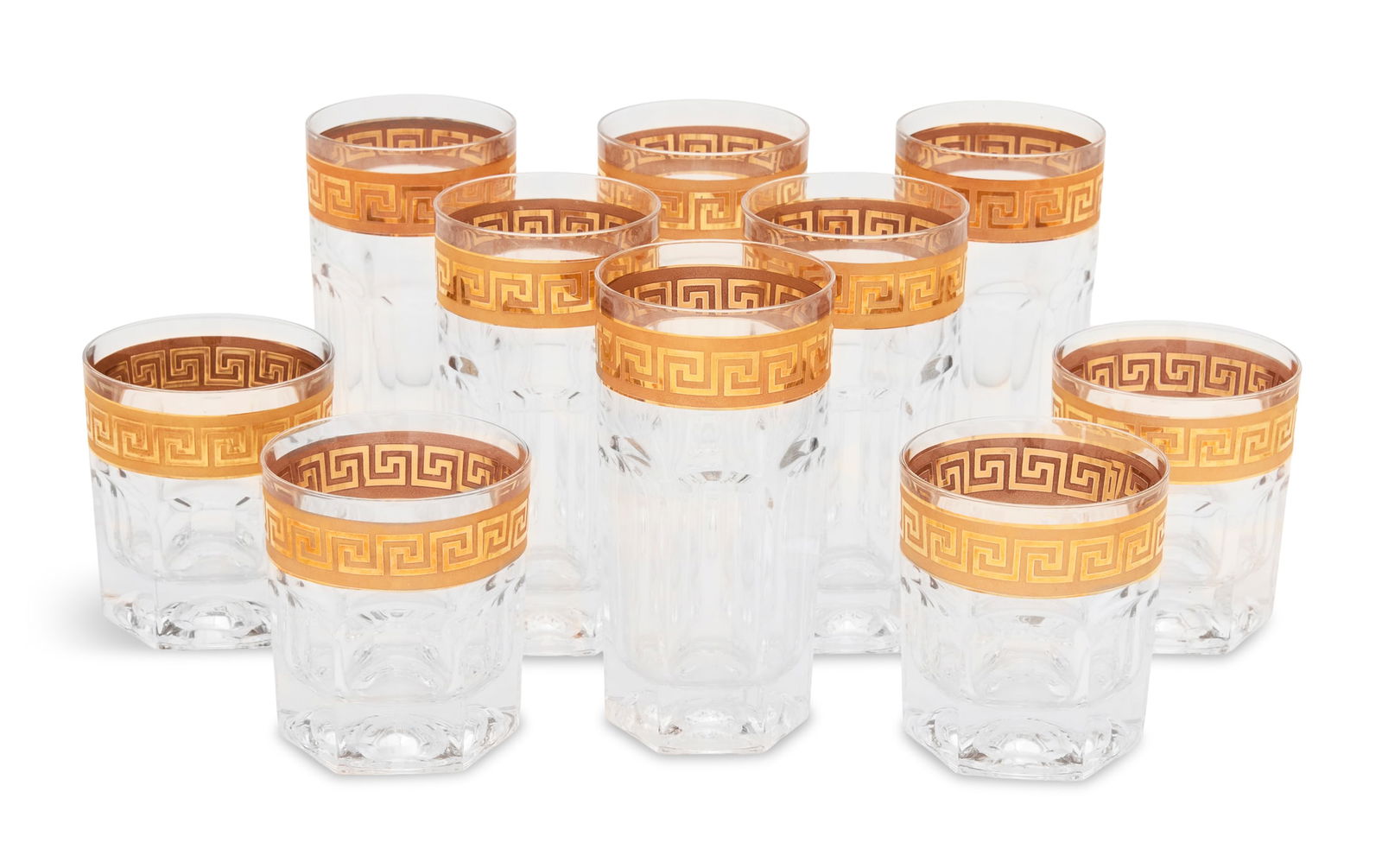 Ten Versace-Style Bar Glasses: Ten Versace-Style Bar Glassesthe crystal glasses with raised gilt Greek fret rims and paneled bodies.h. 3-3/4", dia. 3" Provenance: Kevin Stone Antiques, The Collection of Kevin Stone & Mark Diamond.