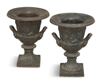 Pair of Cast Iron Campana-Form Garden Urns