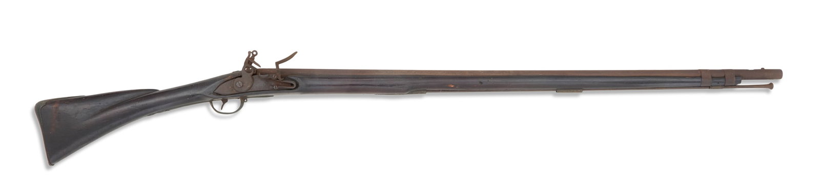 Revolutionary War Flintlock Musket: Revolutionary War Flintlock Musket a contract piece made of salvage pieces refit into new stock, with 1763 French Charleville locks tumbler, ramrod and iron furniture, missing one lock plate screw. l.