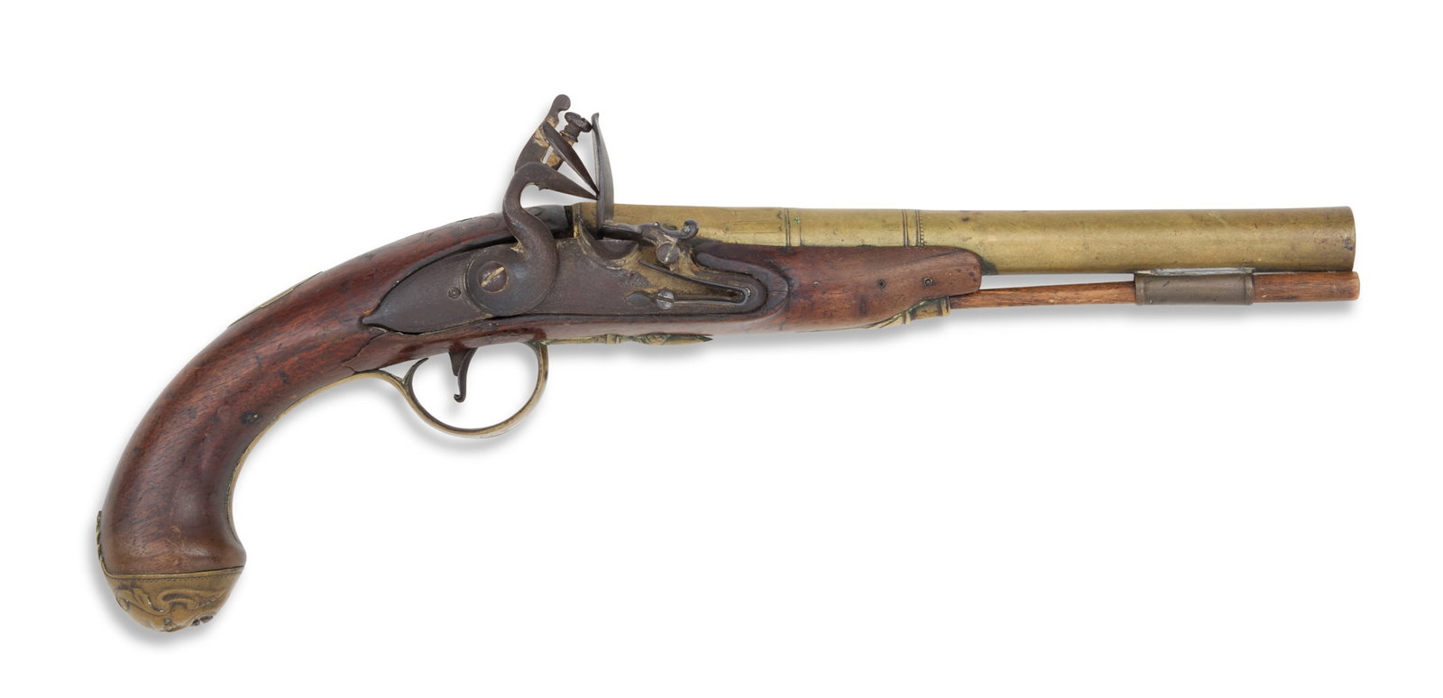 English Flintlock Pistol: English Flintlock Pistol the brass barrel marked "Cornhill London", Birmingham proof marks, octagonal to round with slight flare at muzzle, with brass trigger guard and grotesque masque butt