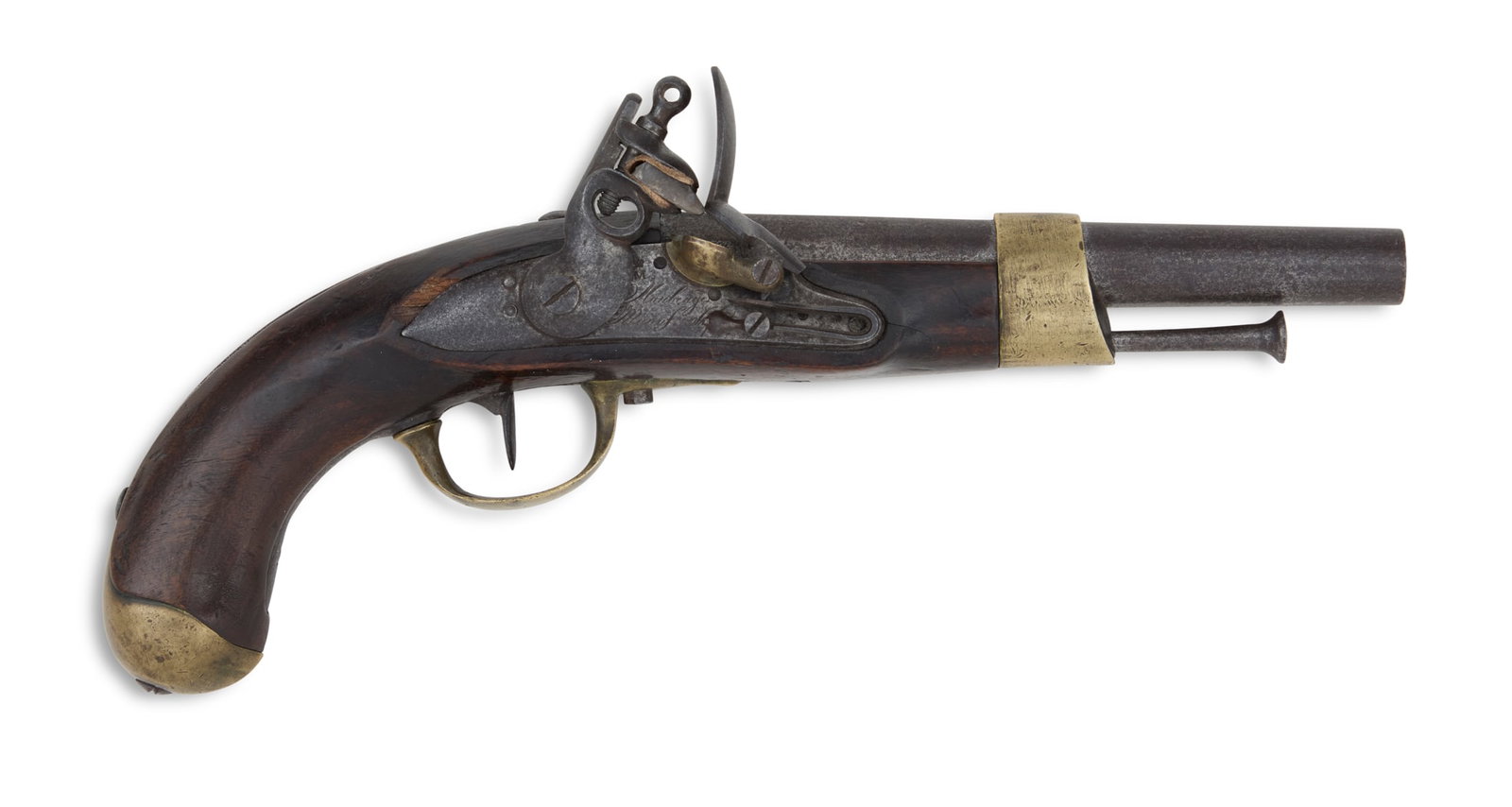 French Year II Flintlock Cavalry Pistol: French Year II Flintlock Cavalry Pistol left stock block marked "Maubeuge Manuf. Imp.", other brass parts marked with a crowned "M", the left side of the stock stamped "J.F.MY.1808" around "E.F" all i