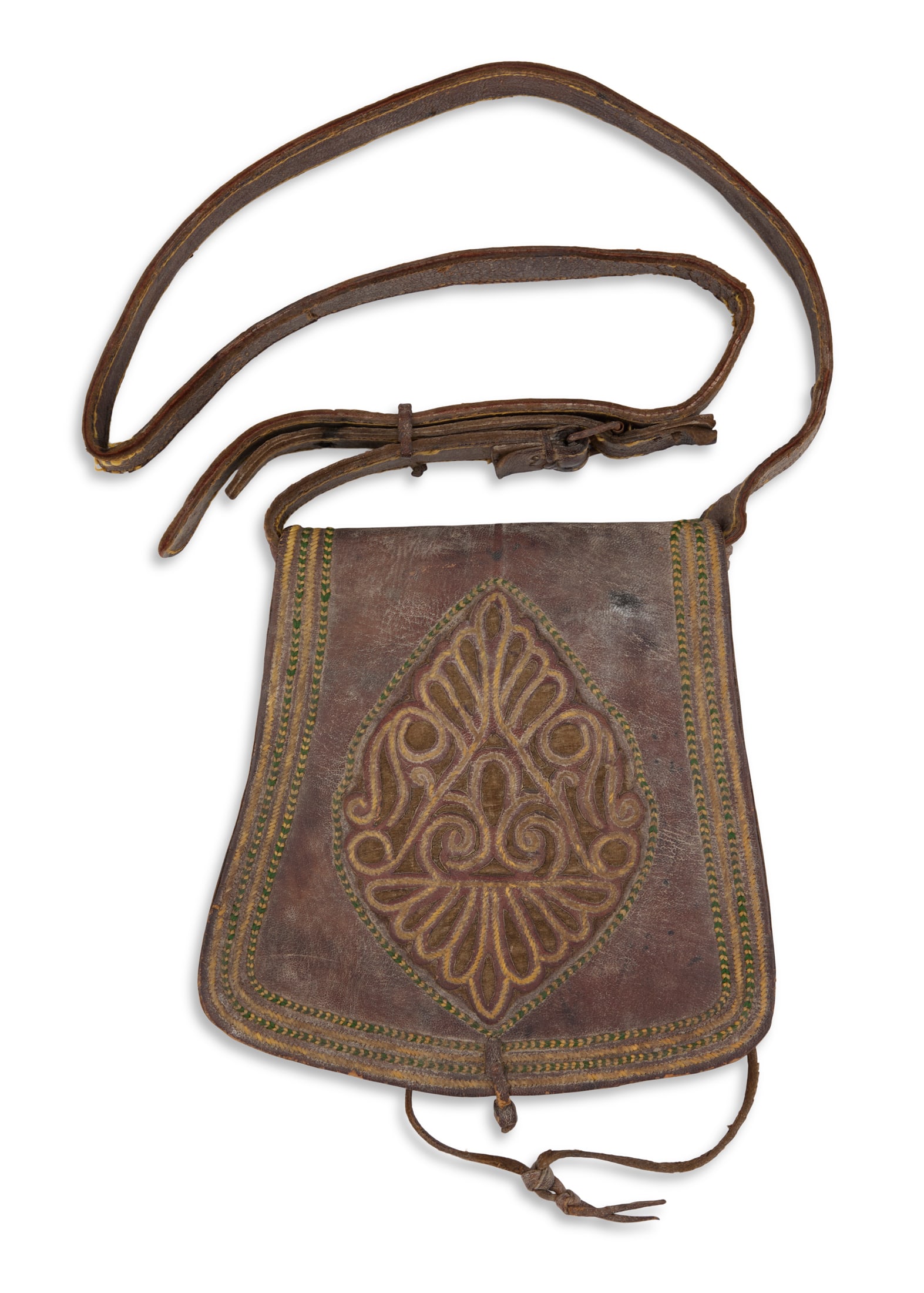 French Leather Shoulder Cartridge Pouch: French Leather Shoulder Cartridge Pouch late 17th century, the flat pouch with leather strap and large front flap, richly decorated with embroidery on the flap and interior. h. 10" (32" with