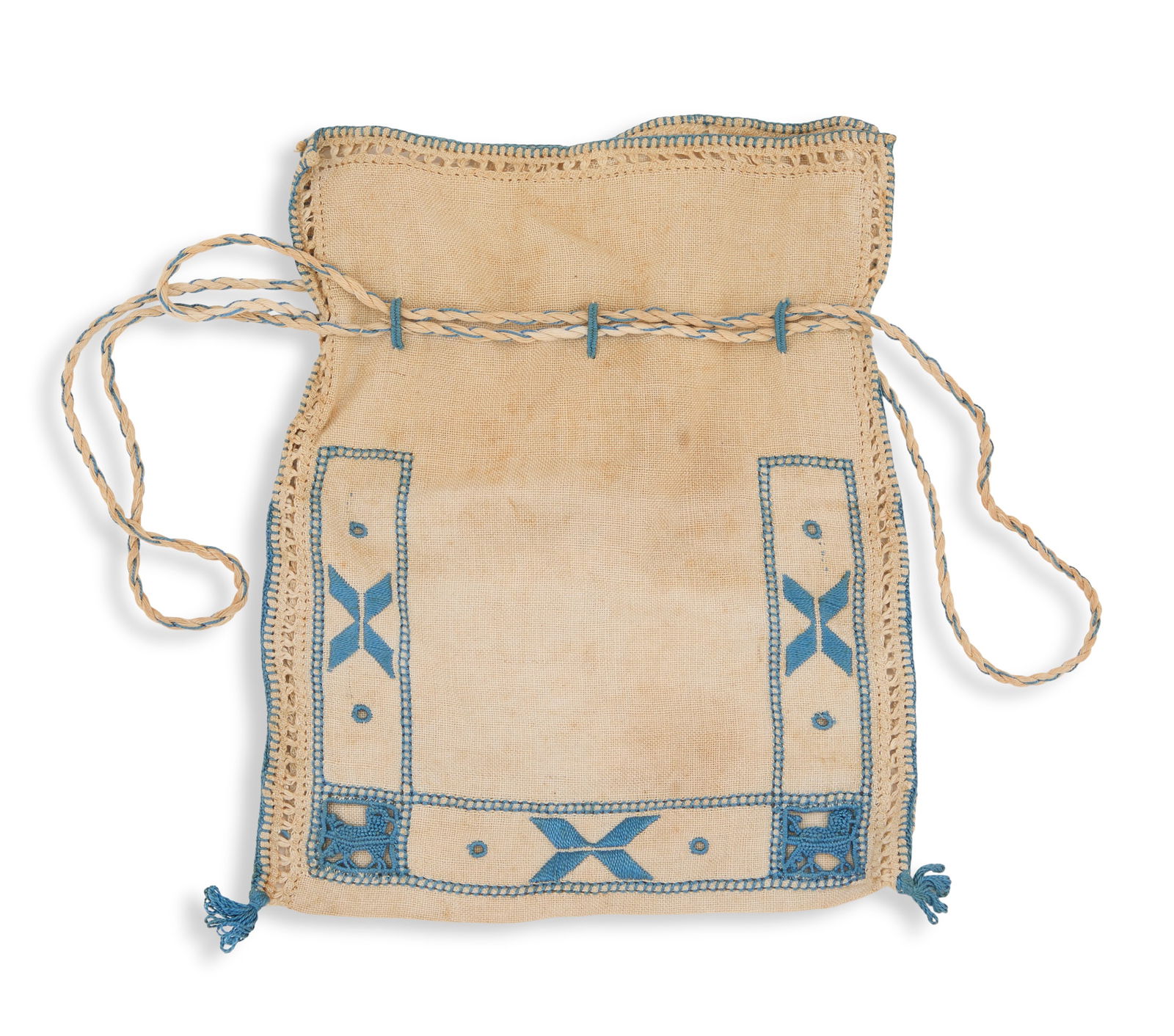 New France Embroidered Pouch: New France Embroidered Pouch19th century, linen with hemstitched edges, blue cotton embroidery of crosses and openwork lions at the corners, with twisted flax and cotton drawstring.h. 8-1/2", w.