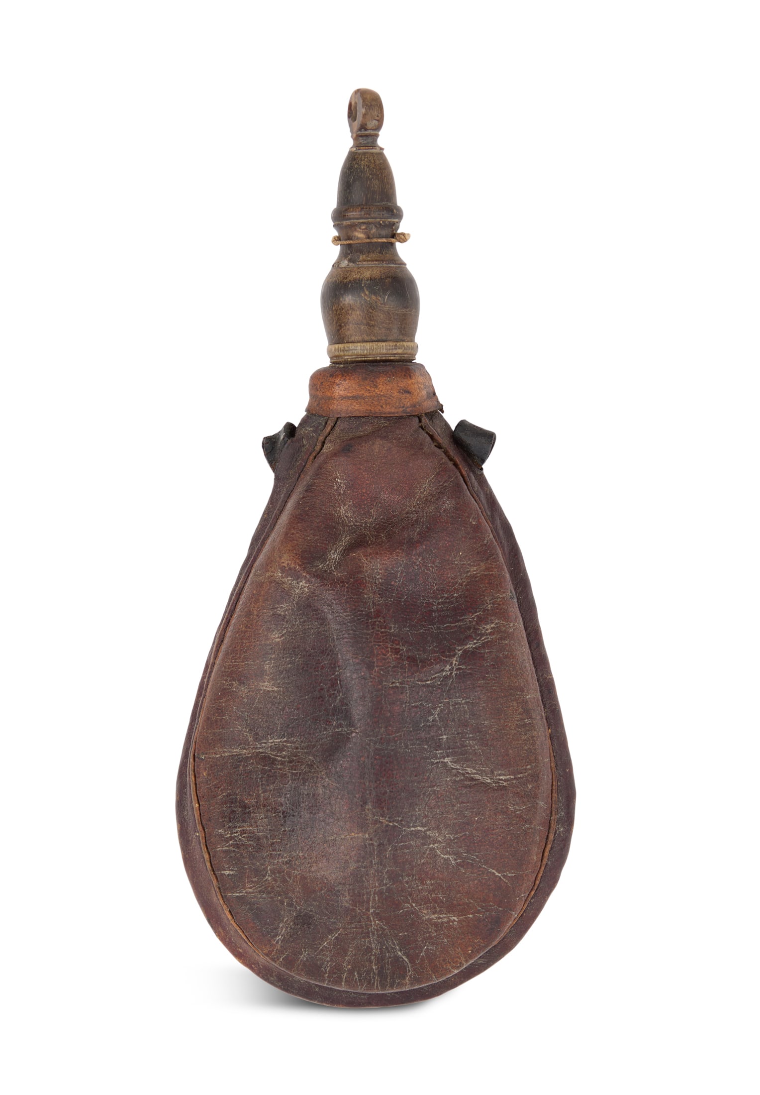 Leather Powder Flask: Leather Powder Flasklate 17th century, French, comprising two pieces of leather stitched to a central strip banding the perimeter, the strip with leather strap rings and spout collar, the spout of tur