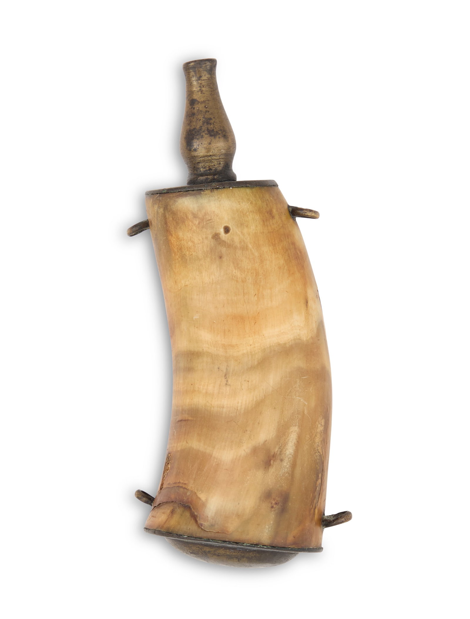 Powder Horn: Powder Horn ca. 1695-1735, French, with brass fittings including a center-raised end cap, four strap rings and bulbous spout, detaching for re-filling, the spring and release loading lever lacking. l.