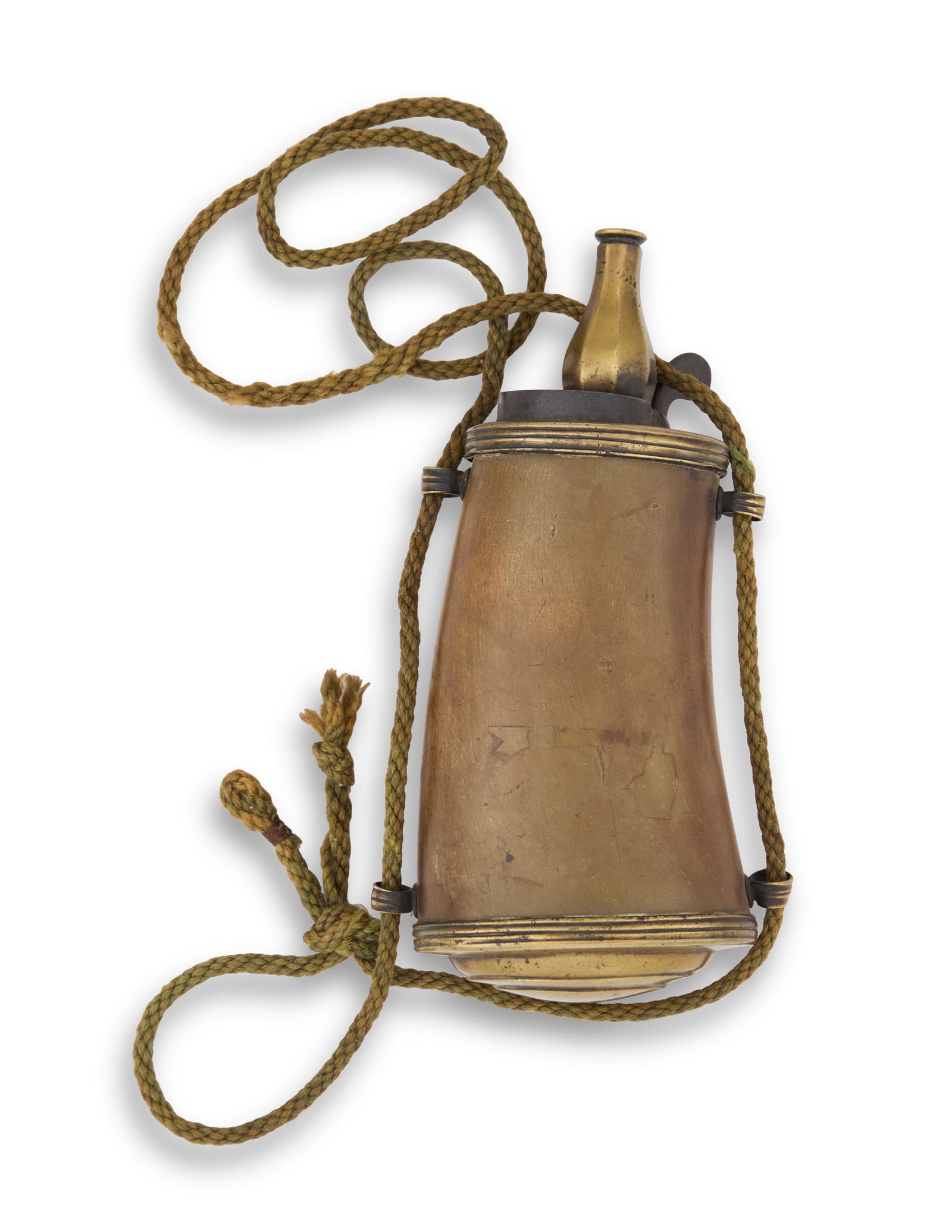 Powder Flask: Powder Flask18th century, probably German, with reeded brass mounts, the bulbous spout of octagonal section with steel lever and spring, the mounts with four rings for the cord (possibly original).l.