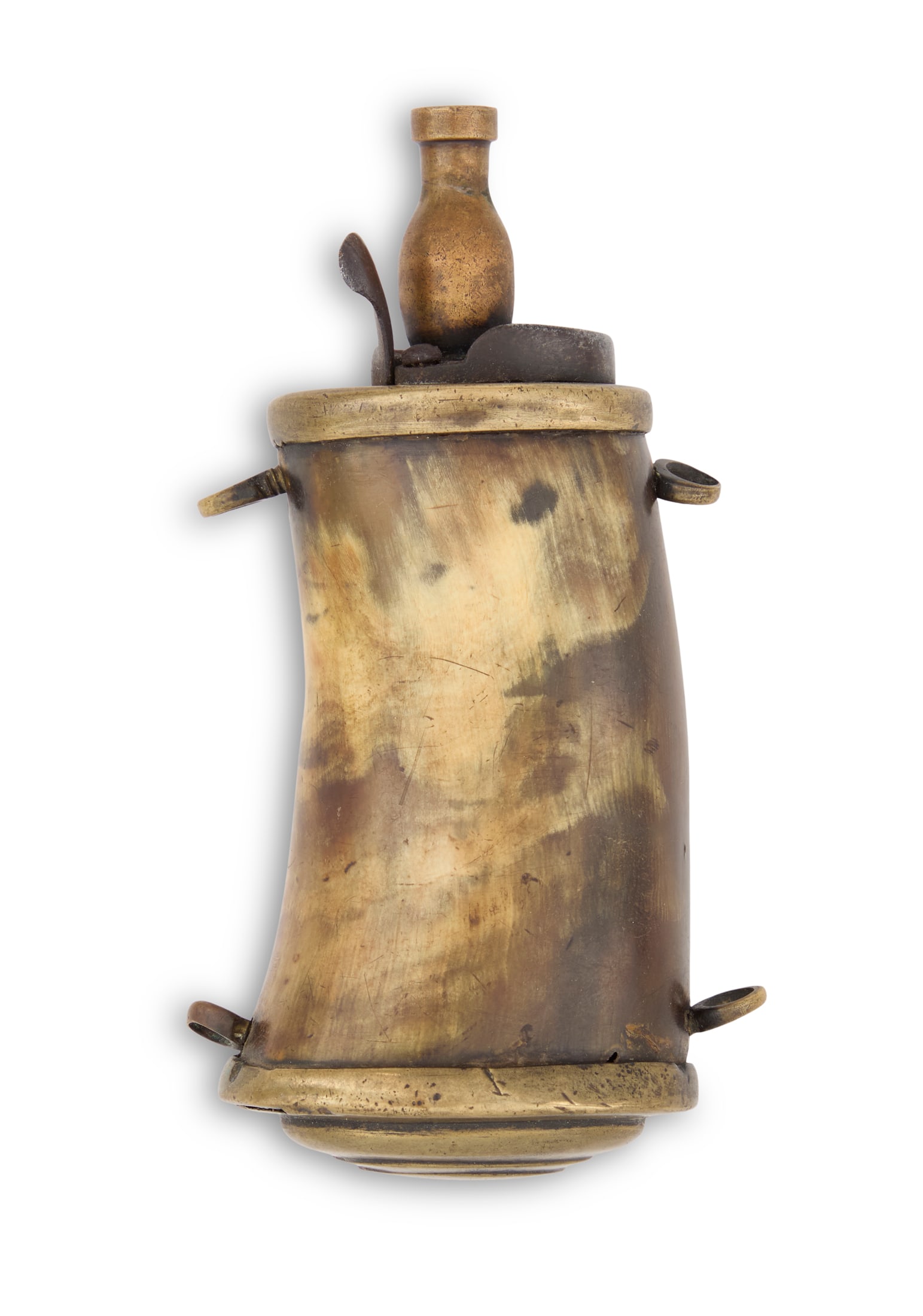 Powder Horn: Powder Horn ca. 1680-1780, English or Scottish, with brass fittings, including a step-domed end cap, four strap rings, and spring-loading bulbous spout, the spout unscrewing for re-filling. l. 6"