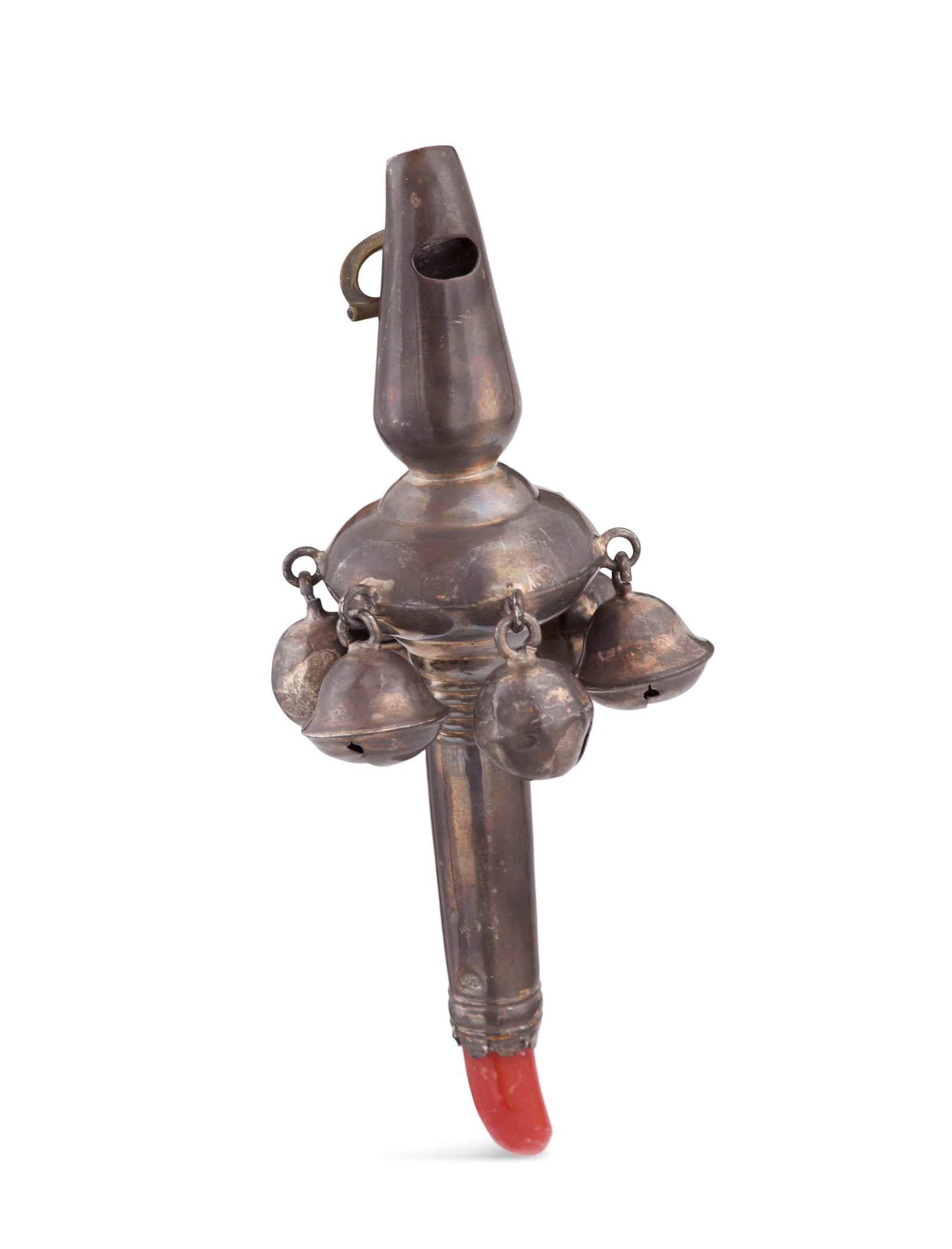 Late Georgian Silver and Coral Baby Rattle: Late Georgian Sterling Silver and Coral Baby Rattle hallmarked Birmingham, 1808-1809, by Joseph Taylor (1767-1827), the baluster-form body with six dangling bells and whistle finial, the teething hand