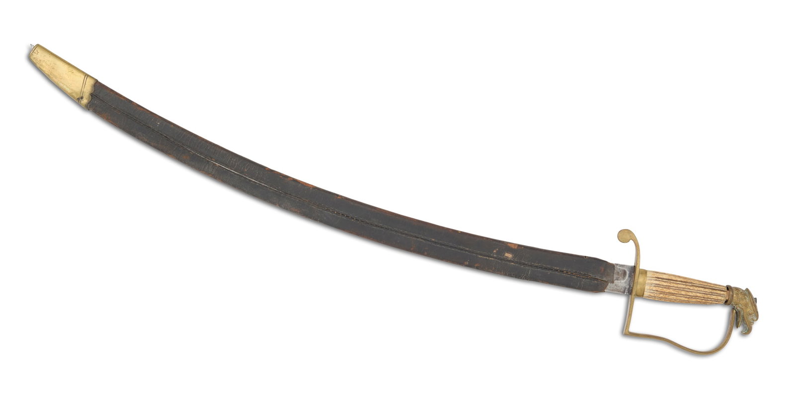 Early 19th-Century Sabre: Early 19th-Century Sabre the curved single blade with single fuller on each side, unmarked, with simple gold-filled etching, the hilt with carved bone grip, single-arm brass guard and eagle's-head pom