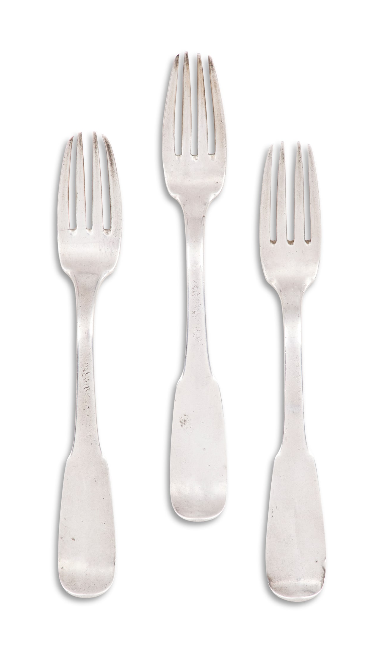 Three Rare New Orleans Creole Coin Silver Forks: Three Rare New Orleans Creole Coin Silver Forks second quarter 19th century, attributed to Jacques Vitaut (1797/99-1855) in the traditional "Uniplat" pattern, monogrammed "ND". l. 