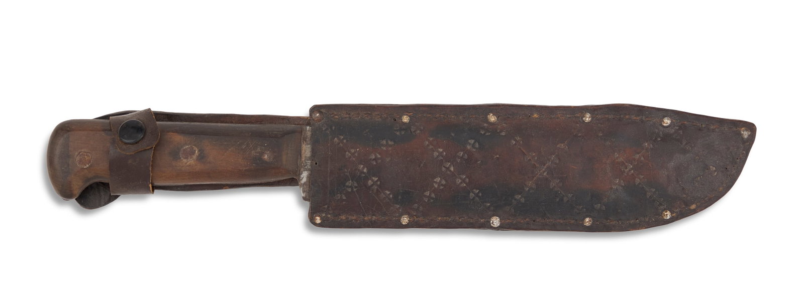 19th-Century Side or Hacking Knife: 19th-Century Side or Hacking Knife the wide, unmarked, single edged slight drop-tip blade with shallow peak on the spine near the tip, with graduated treble fulling, with wood handle; with a riveted a