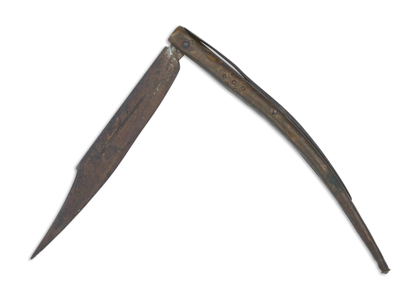 Spanish Navaja: Spanish Navaja 19th century, with hand-forged blade and spring and brass-covered wood handle. closed l. 11", open l. 19-1/2"