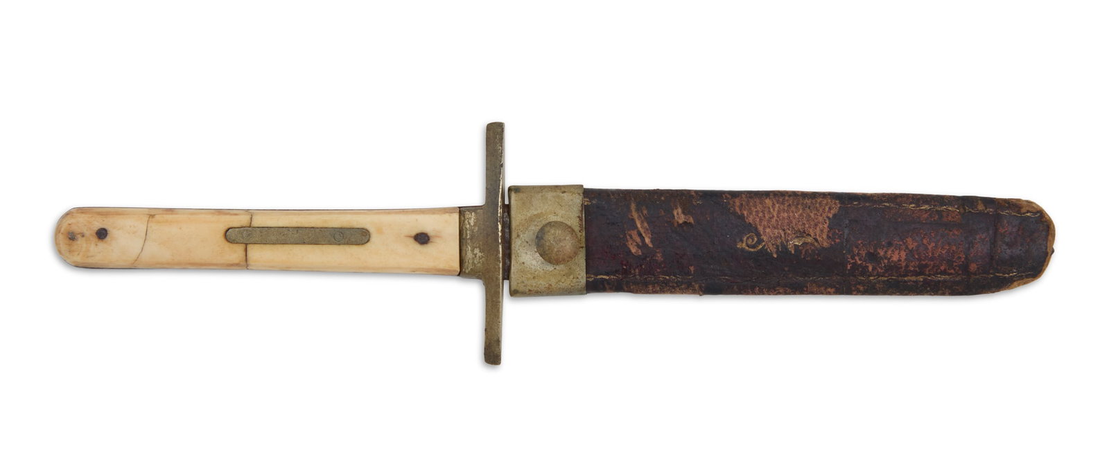Victorian Dirk: Victorian Dirk late 19th/early 20th century, the ricasso marked "Brother / Sheffield", with spear-point blade, brass guard, tang and inlaid bone grip; the gilt-tooled leather scabbard with b