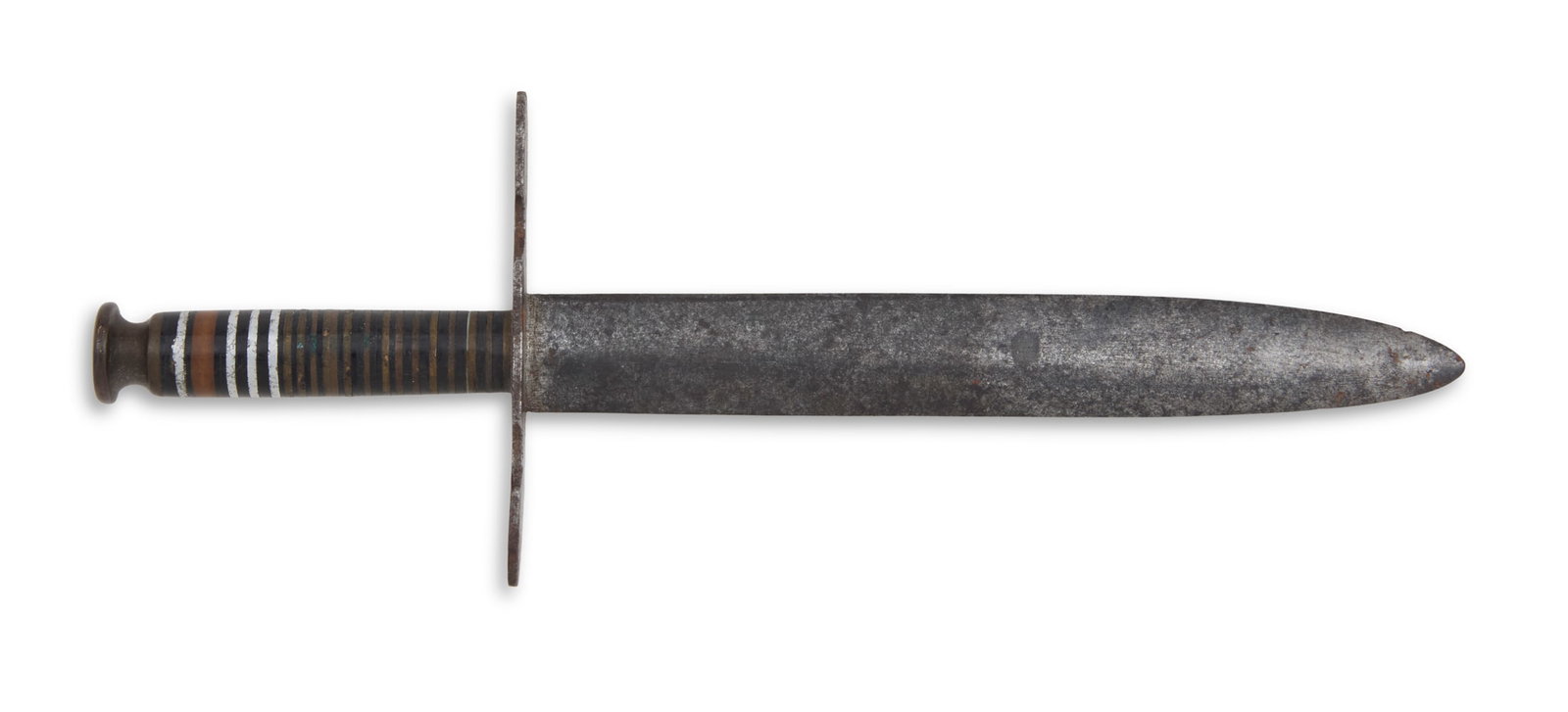 Dagger-Style Letter Opener: Dagger-Style Letter Opener with lenticular steel blade, unsharpened, steel crossguard and stacked leather, copper, brass and aluminum grip with brass pommel. blade l. 5-1/4", overall l. 7-1/2&quo