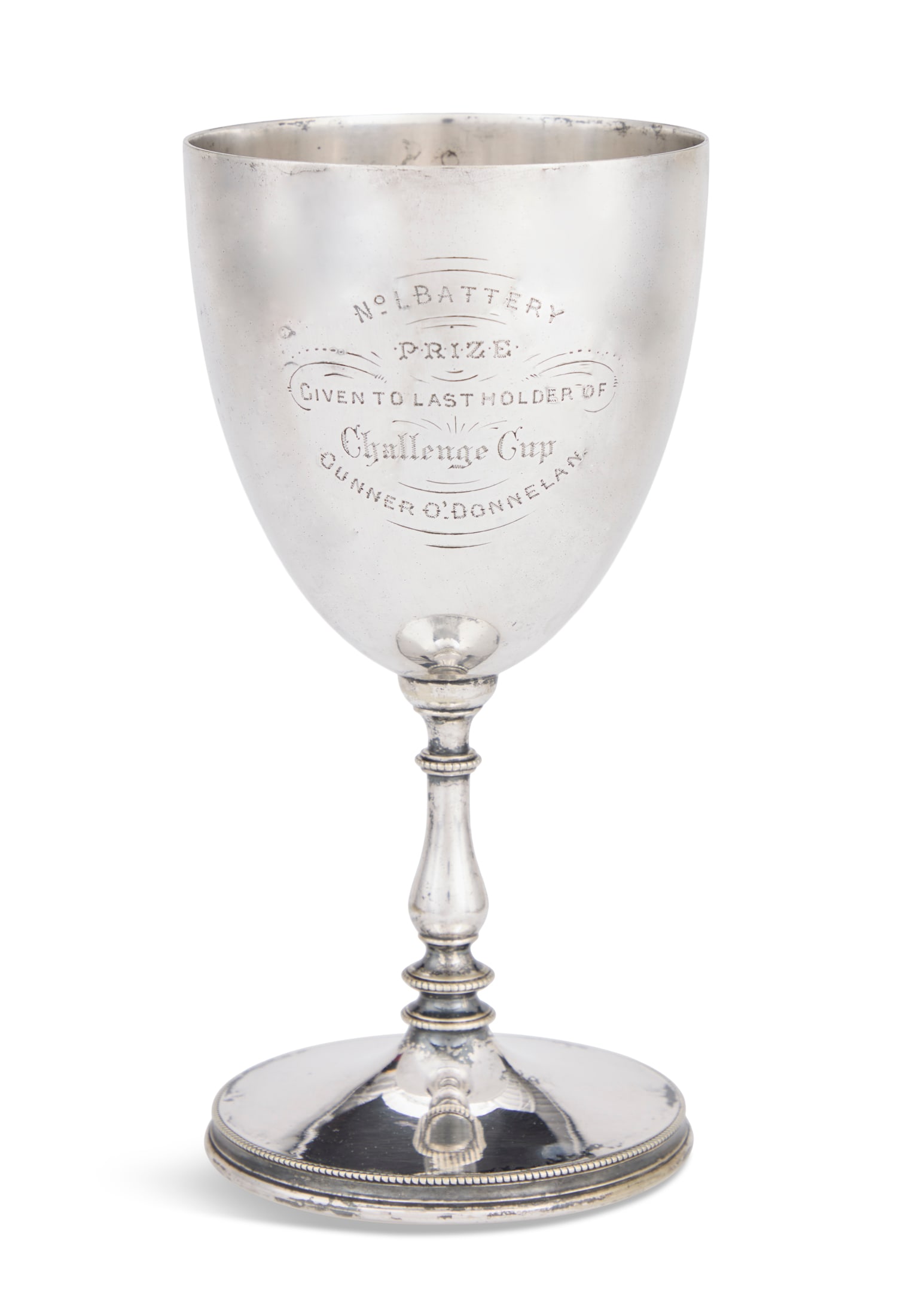 English Silverplate Shooting Trophy Goblet: English Silverplate Shooting Trophy Goblet fourth quarter 19th century, by John Grinsell & Sons, Birmingham, with plain ovoid bowl, baluster standard and circular foot, engraved: "No. 1 Battery /