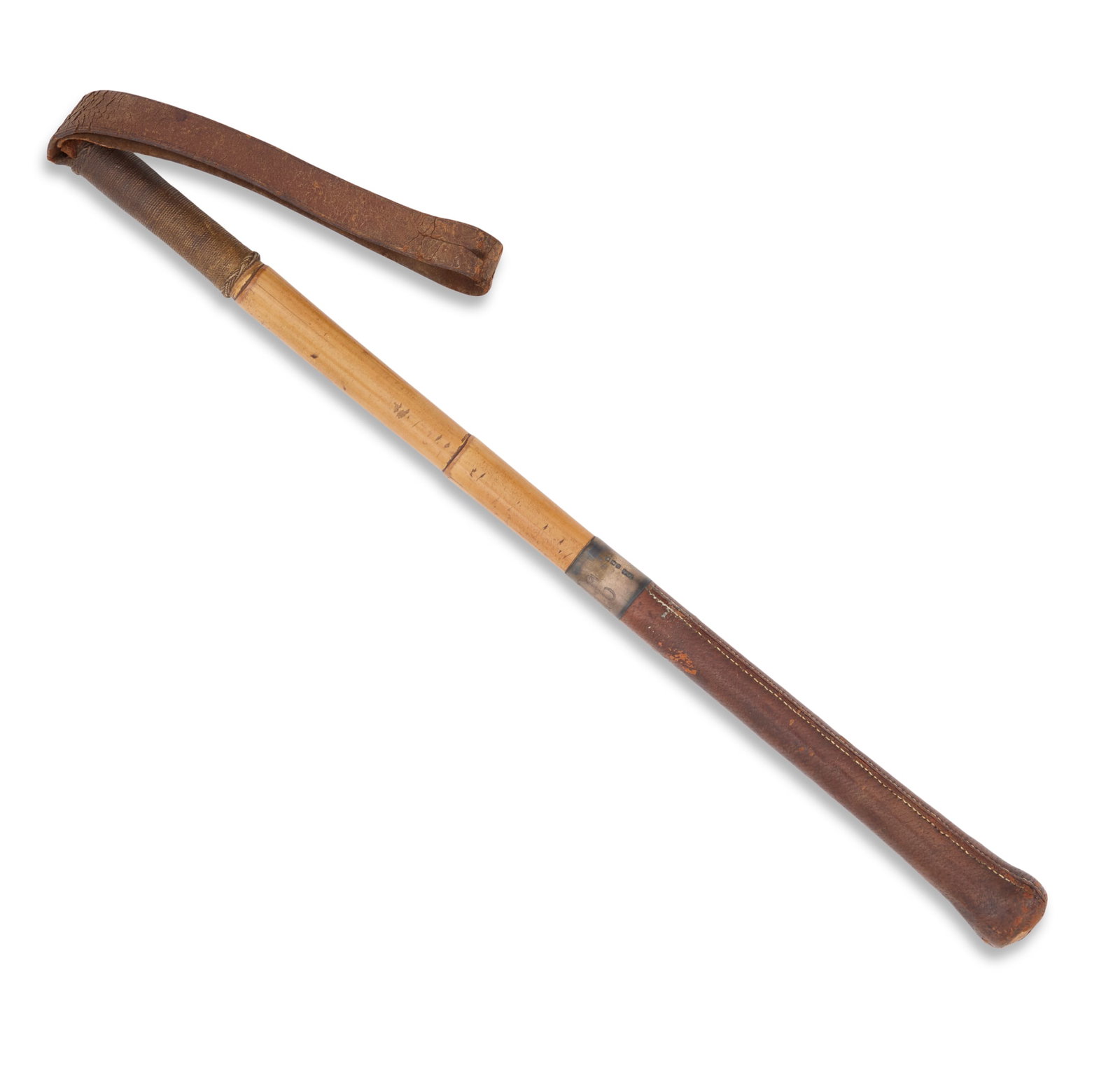 George V Riding Crop: George V Riding Crop the sterling silver ferrule hallmarked London, 1916-1917, by Edward Swaine Adeney, with bamboo shaft, with leather-bound handle and cord-wrapped leather buttonholed lash, monogram