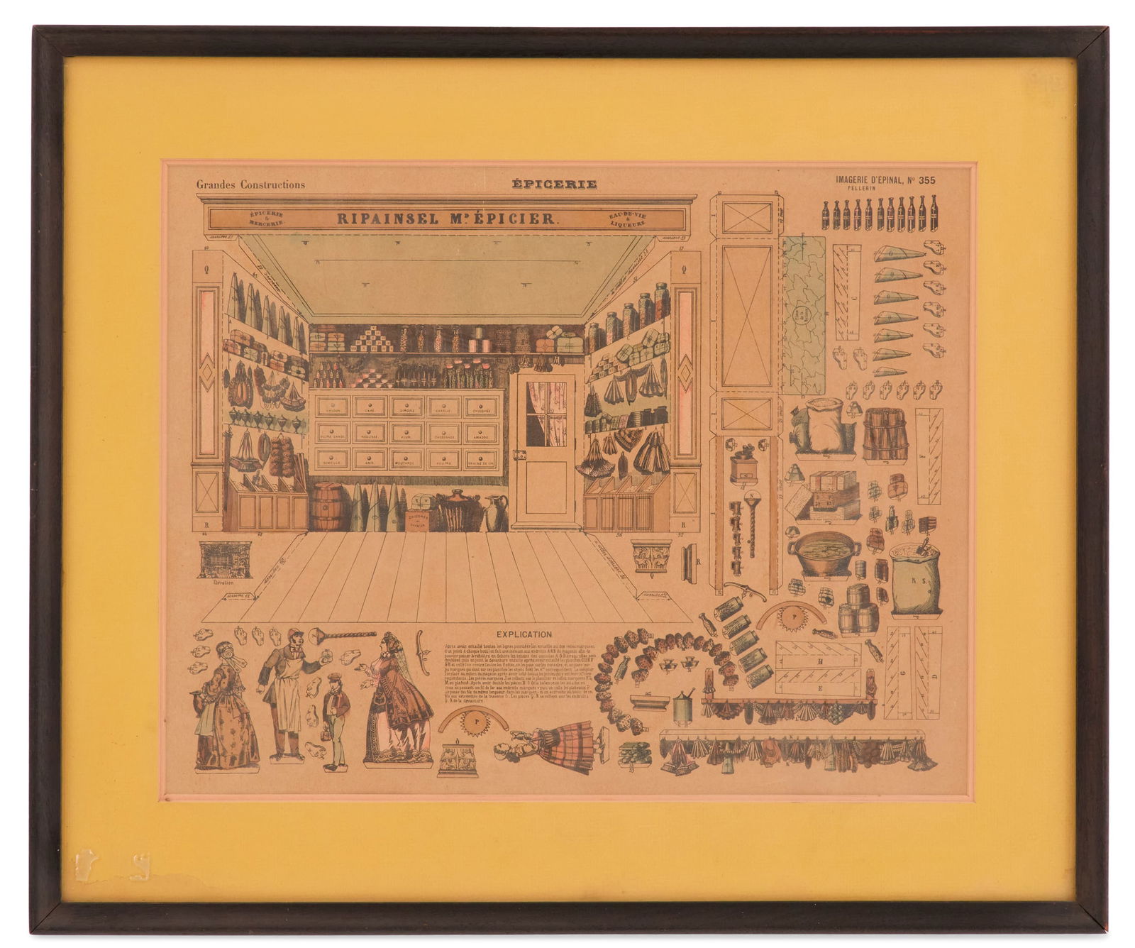 French Kitchen Print: French Diorama of the Interior of the Store "Ripainsel Md. Epicier, Epicerie & Mercerie, Eau-de-Vie & Liqueurs"uncut colored wood block print.Matted, glazed and framed.sight 14-3/4" x 1