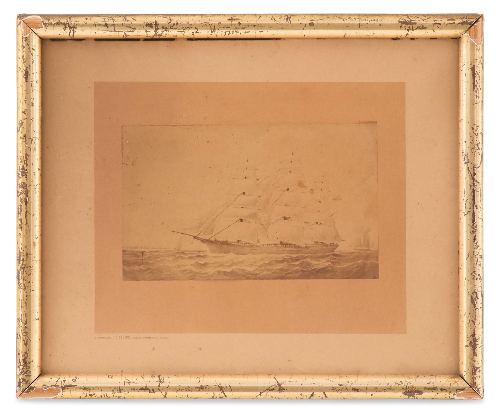 Jules Alfred Andre Sebire (French, 1835-1895): Jules Alfred Andre Sebire (French, 1835-1895) "Sailing Ship" albumen affixed to board printed "Photographie, J. Sebire, Passage Pommeraye, Nantes" lower left margin. Glazed and in 