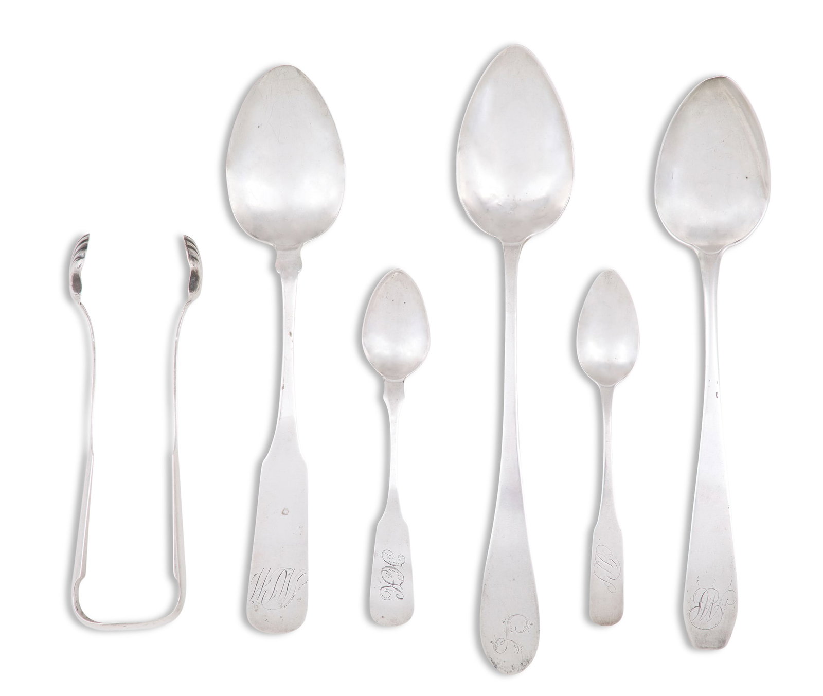 Six Pieces of American Coin Silver Flatware: Six Pieces of American Coin Silver Flatware including: a Massachusetts "fiddle" tablespoon marked "Gooding", Boston or Dighton, monogrammed "MLW", l. 8-7/8"; a Penns