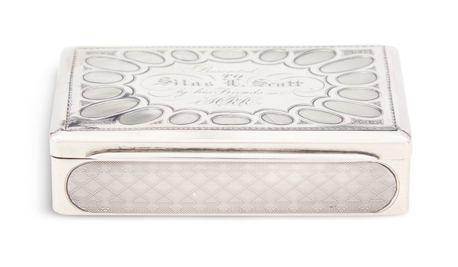 Gorham Coin Silver Presentation Snuffbox: Gorham Coin Silver Presentation Snuffboxthird quarter 19th century, Providence, Rhode Island, rectangular, decorated with guilloche panels and ovals centering a cartouche on the hinged lid and a rococ