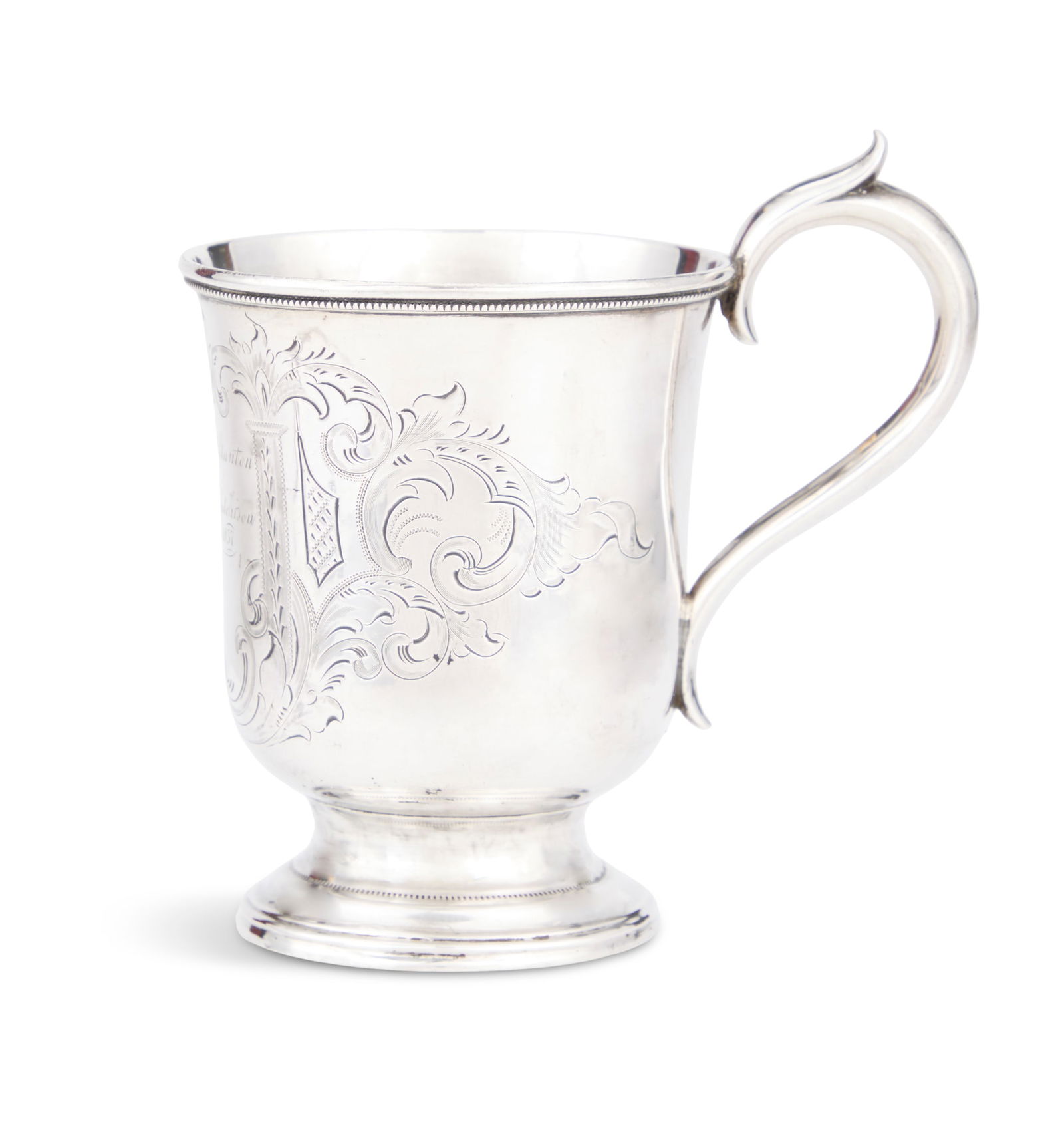 Early Gorham Coin Silver Christening Cup: Early Gorham Coin Silver Christening Cupdated 1857, Providence, Rhode Island, the bucket-form body with beaded rim and engraved with a rococo cartouche, with crested scroll handle and waisted pedestal