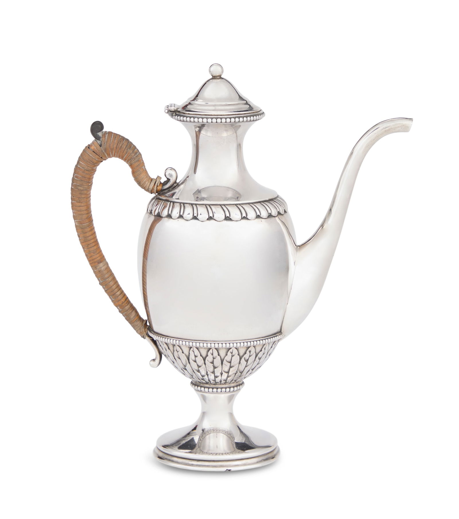 Gorham Sterling Silver Demitasse Coffeepot: Gorham Sterling Silver Demitasse Coffeepot1892, Providence, Rhode Island, the ovoid body with gadrooned band shoulder and acanthus calyx between narrow beaded bands, with waisted collar, hinged domed