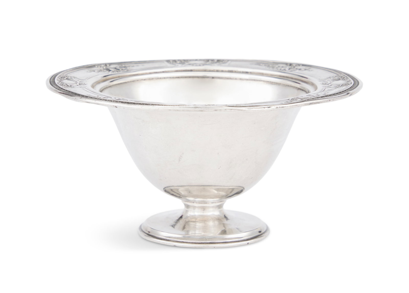 Sterling Silver Footed Bowl: Sterling Silver Footed Bowl second quarter 20th century, Webster Co., North Attleboro, Massachusetts, the deep bowl with flat rim decorated with neoclassical panels, with short pedestal foot. h. 3&quo