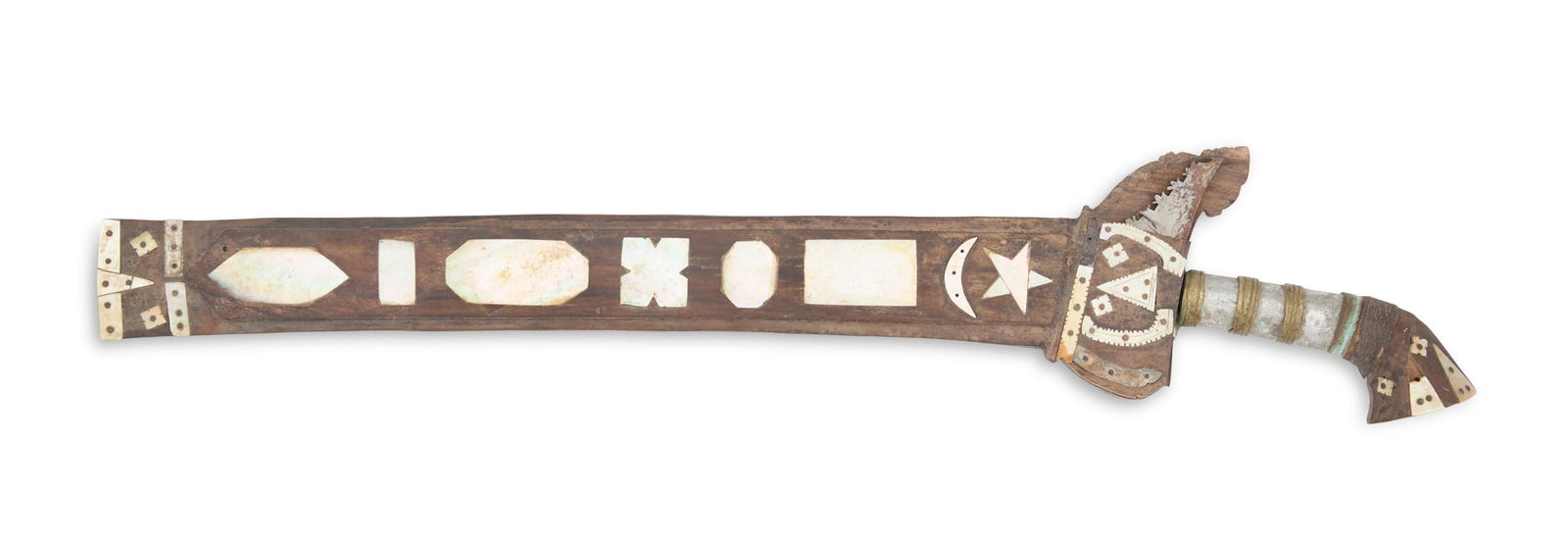 Philippine Moro Kris: Philippine Moro Kristhe wavy blade with mid-rib, the hilt with brass-banded white metal grip and mother-of-pearl-inlaid wood pommel with fiber wrapping; the wood scabbard inlaid with mother-of-pearl s