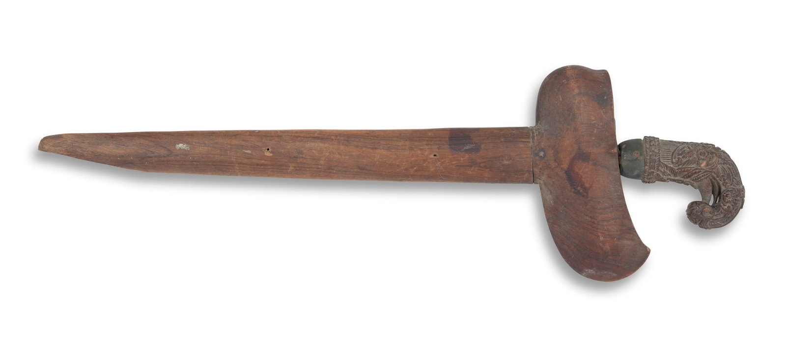 Indonesian Kris: Indonesian Kris 20th century, Madura, with damascene blade and carved winged horse wooden hilt; with wood scabbard. blade l. 13", overall l. 16-3/4" (19-1/4" with scabbard)