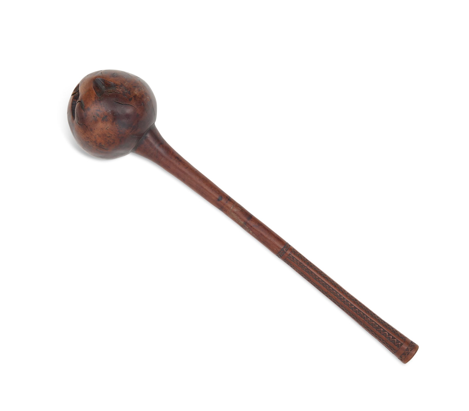 Fijian Ula Drisia: Fijian Ula Drisia 19th century, the handle with traditional zigzag "tavatava" decoration, fine patina. l. 16", head dia. 3-1/2"