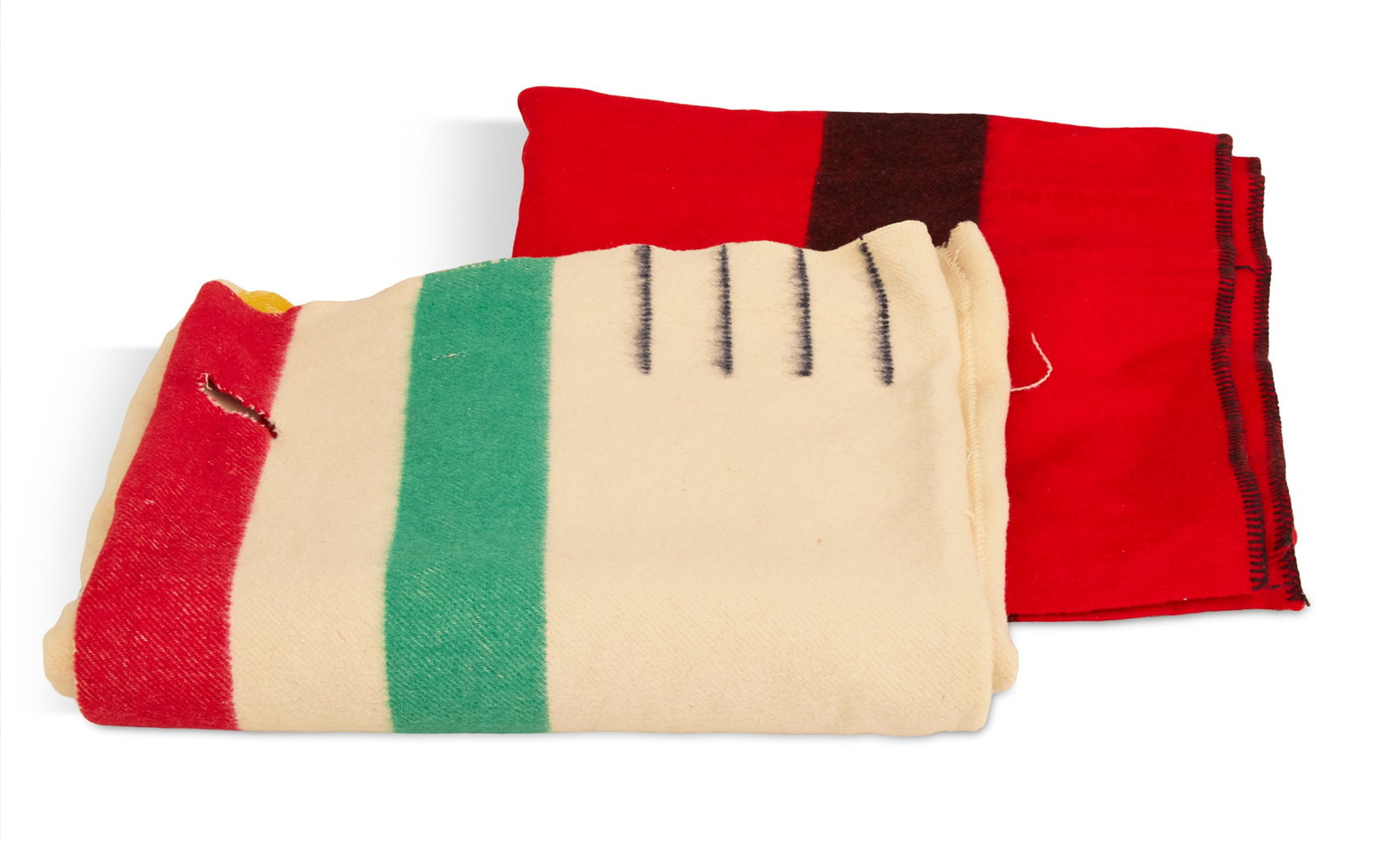 Indian Trade and Trapper's Blankets: Indian Trade and Trapper's Blankets including a late 19th-century Indian trade blanket, wool, white with pairs of single red, green, blue and yellow stripes and four hash marks, with label of Hudson's