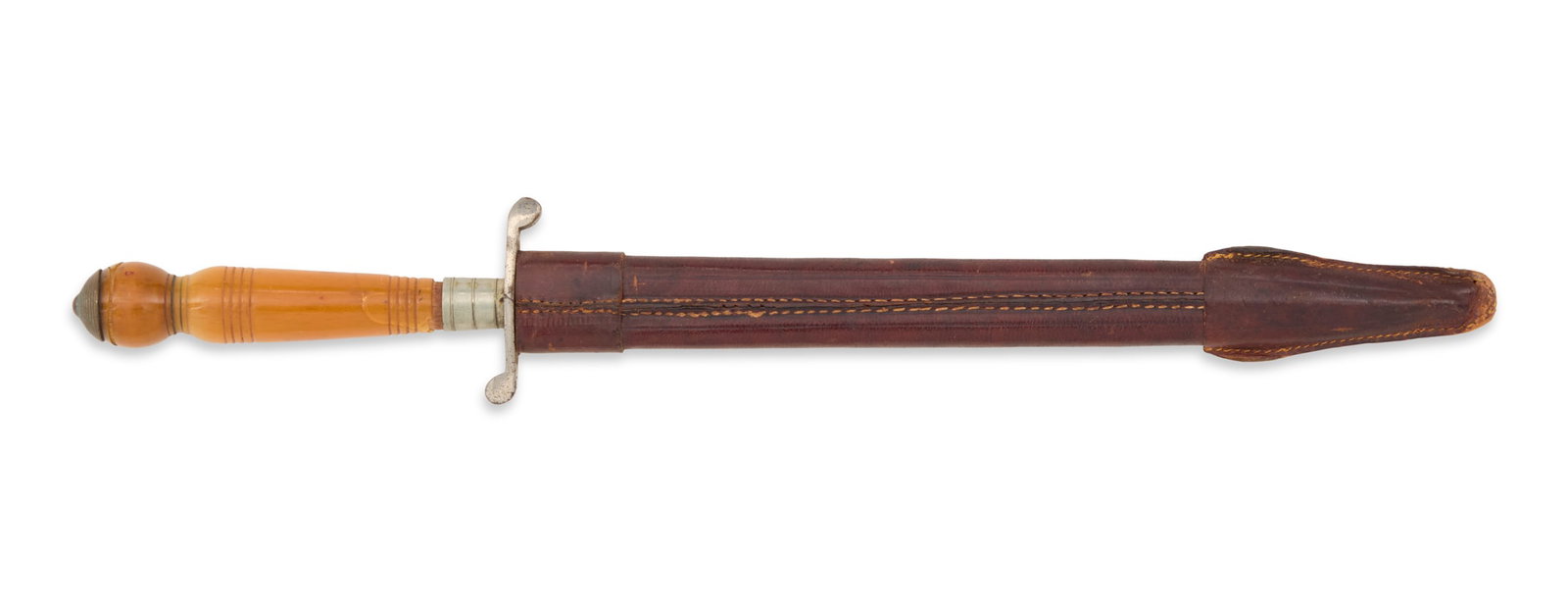 Brazilian Dagger: Brazilian Dagger the swedge blade etched "Rio Branco" and with gilt-etched male portrait on the ricasso, with steel guard and white metal ferrule, the turned grip of translucent amber-colore