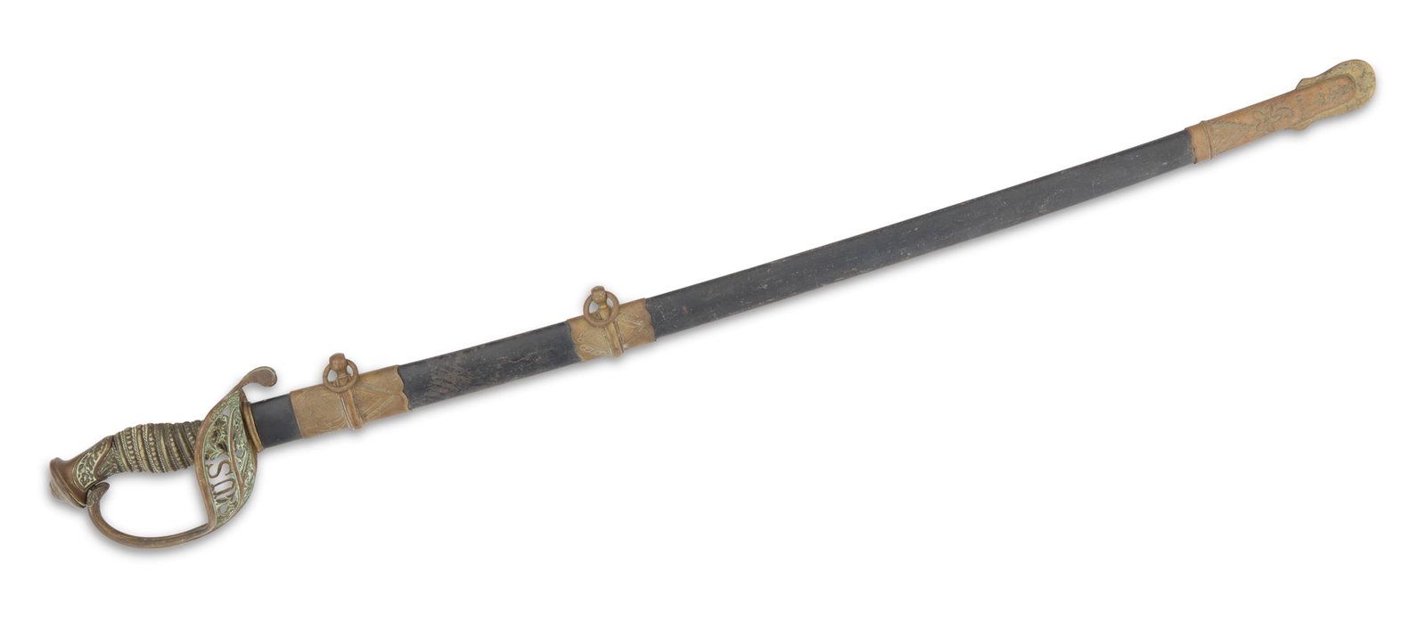 U.S. Model 1850 Staff Field Sabre: U.S. Model 1850 Staff Field Sabre by Emerson & Silver, Trenton, New Jersey, and so marked on the ricasso, missing about a third of the blade, the brass hilt with pierced scrolling cage centering "U.S.