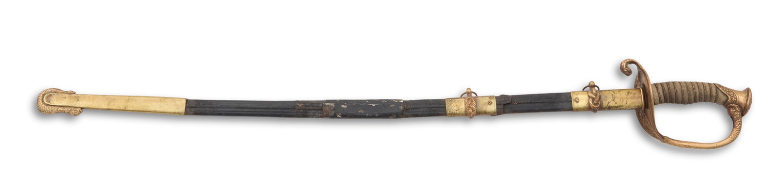 U.S. Naval M-1851 Officer's Sword: U.S. Naval M-1851 Officer's Swordby Shannon, Miller & Crane, New York (fl. 1867-1892), the blade etched with naval symbols, with wire-wrapped shagreen grip; the rare brass and leather scabbard present