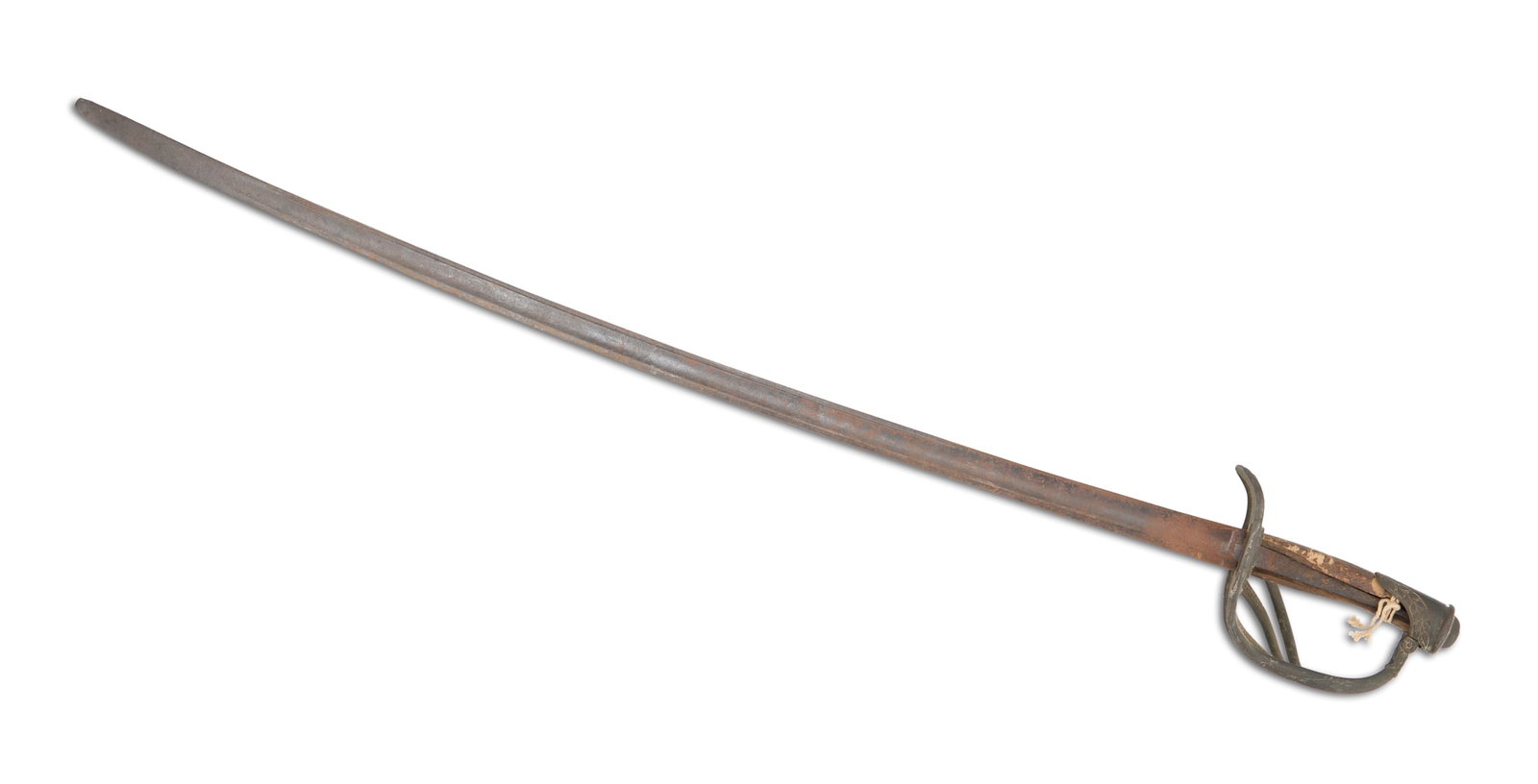 Cavalry Sabre: Cavalry Sabre mid-19th century, bent blade, the cast three-arm hand guard with floral decoration, the wood grip broken and with leather and wire wrapping lacking; no scabbard. blade l. 36-3/4", o