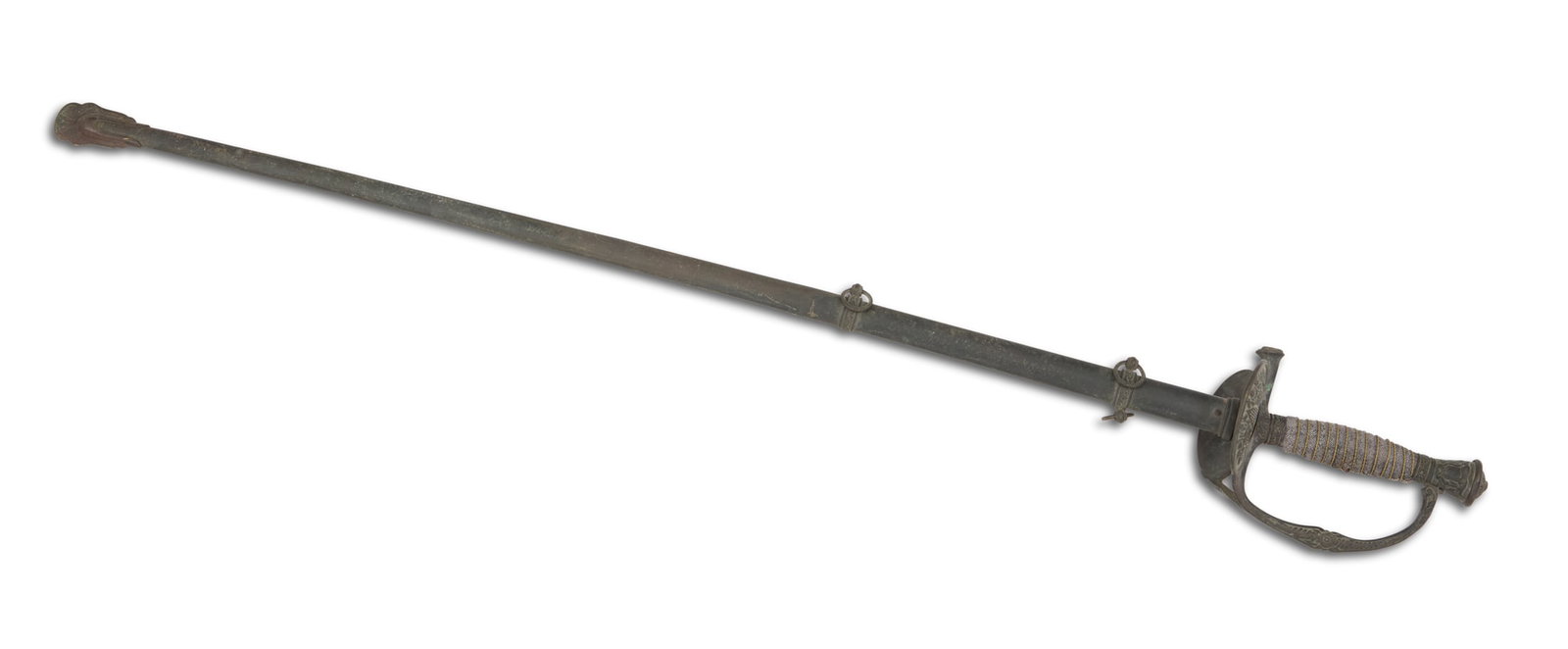 U.S. Model 1862 Staff Officer's Sword: U.S. Model 1862 Staff Officer's Sword the thin, double-edge blade apparently unmarked, the brass fittings having American Eagle decoration on the cross-guard and pommel, wire-srapped shagreen grip; th